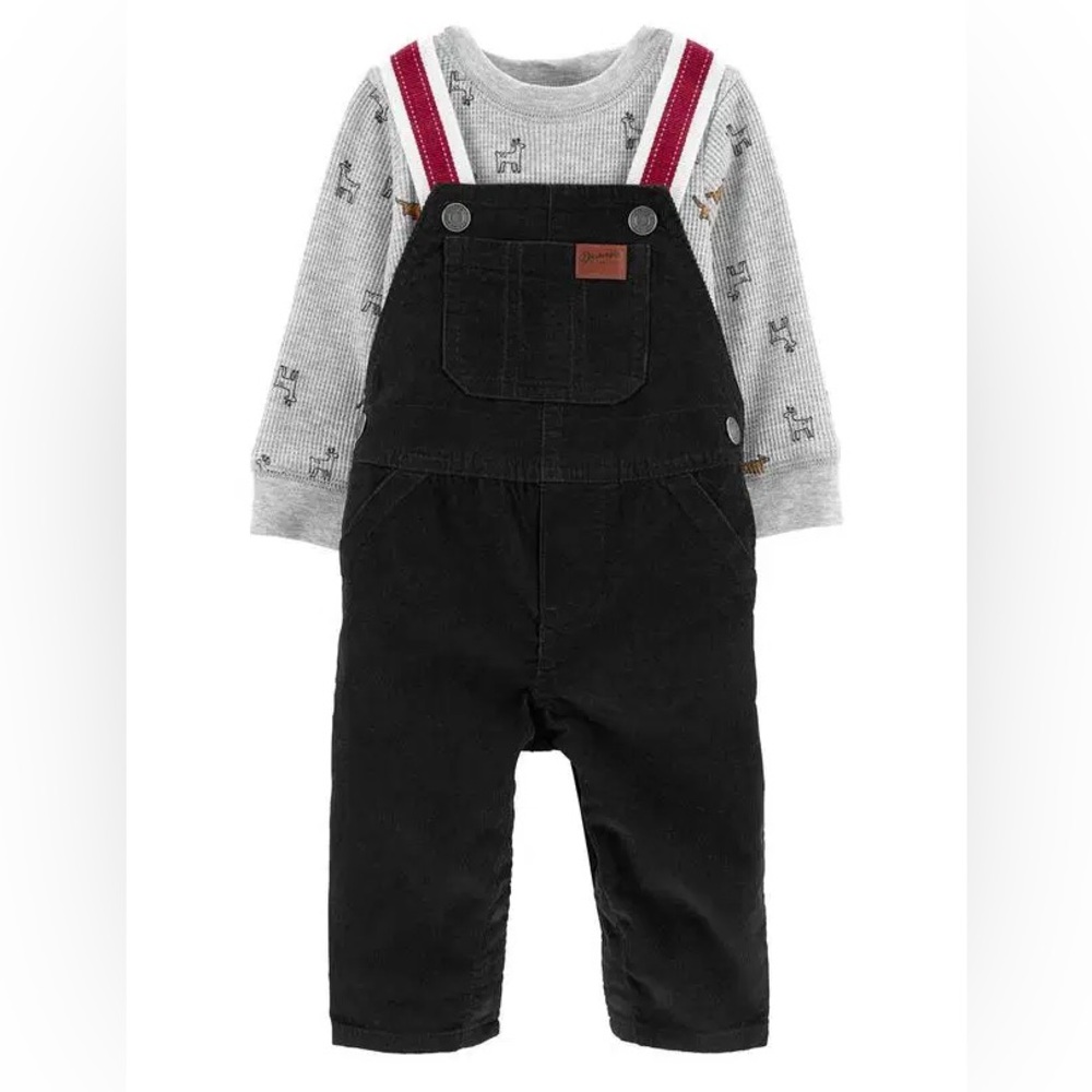 👶 NWT Carter’s 2 piece set: reindeer waffle sweater and corduroy overalls (12M)